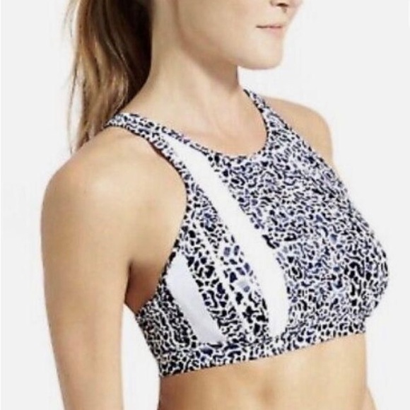 Athleta Zimbabwe High Neck Swim Bikini Size 34B/C Top White Black Blue - Picture 1 of 11